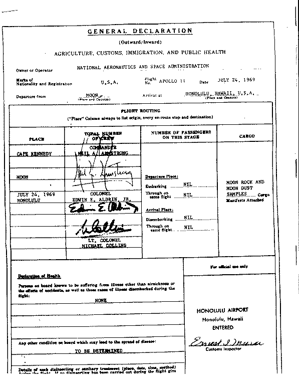 Apollo 11 customs declaration